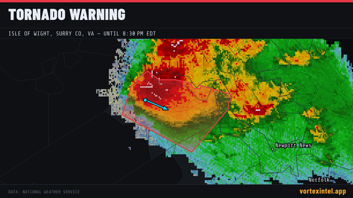 Tornado Warning for Isle of Wight — radar, warned-area polygon and storm motion