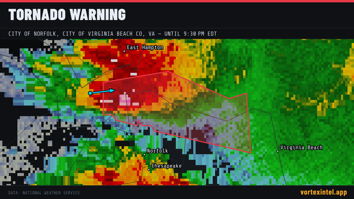 Tornado Warning for City of Norfolk — radar, warned-area polygon and storm motion