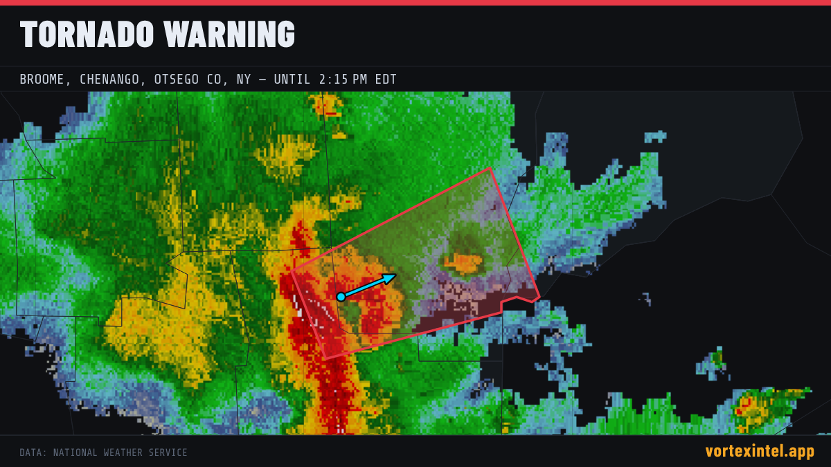 Tornado Warning for Broome — radar, warned-area polygon and storm motion