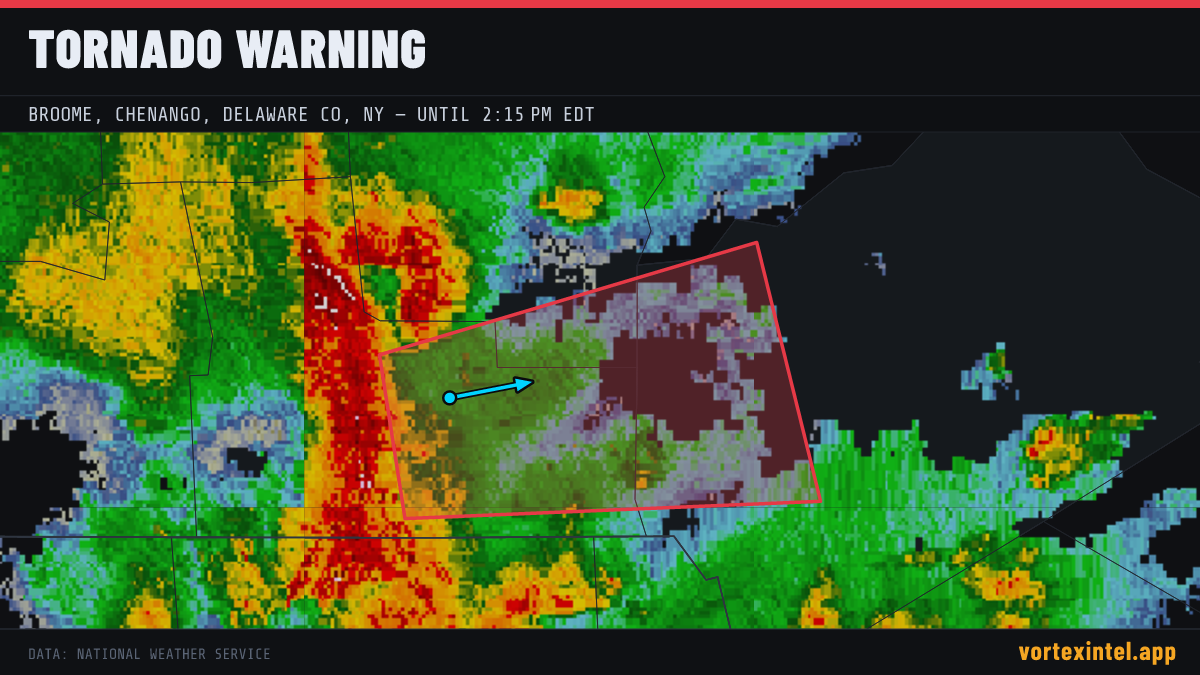 Tornado Warning for Broome — radar, warned-area polygon and storm motion