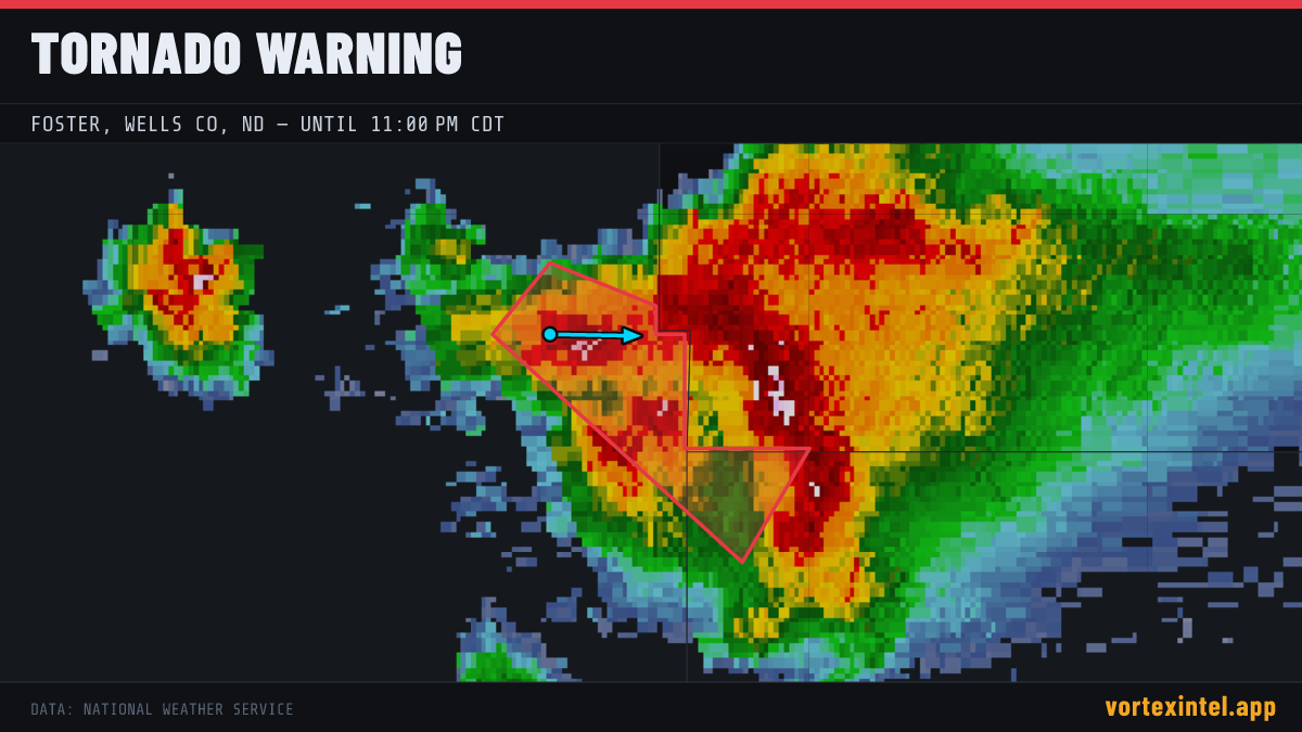 Tornado Warning for Foster — radar, warned-area polygon and storm motion