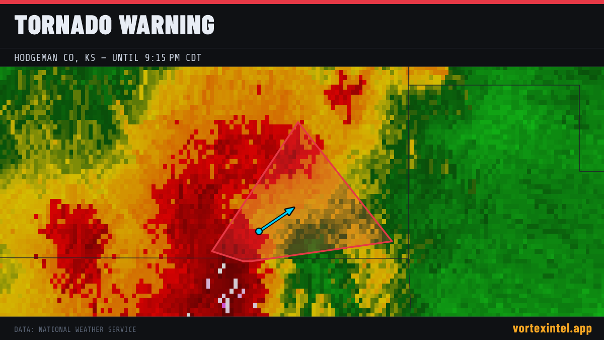 Tornado Warning for Hodgeman — radar, warned-area polygon and storm motion