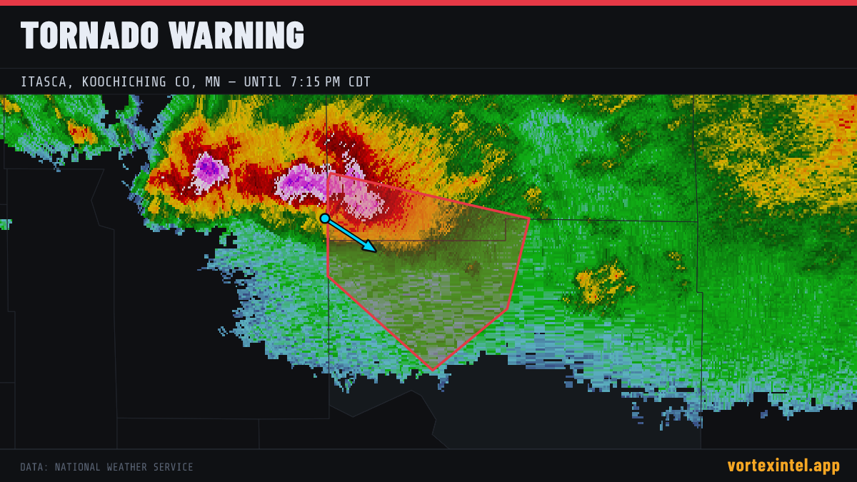 Tornado Warning for Itasca — radar, warned-area polygon and storm motion