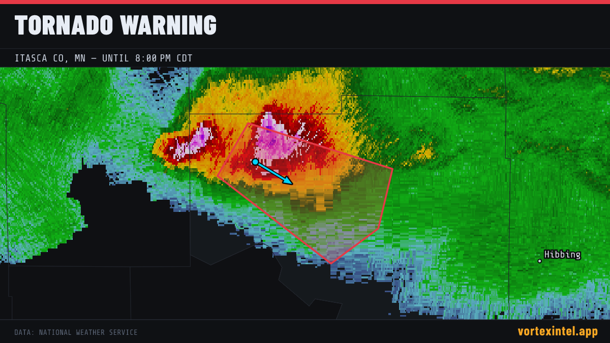 Tornado Warning for Itasca — radar, warned-area polygon and storm motion