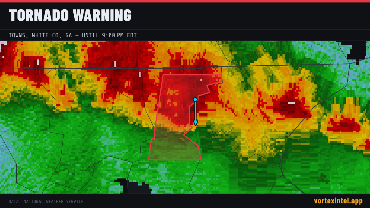 Tornado Warning for Towns — radar, warned-area polygon and storm motion