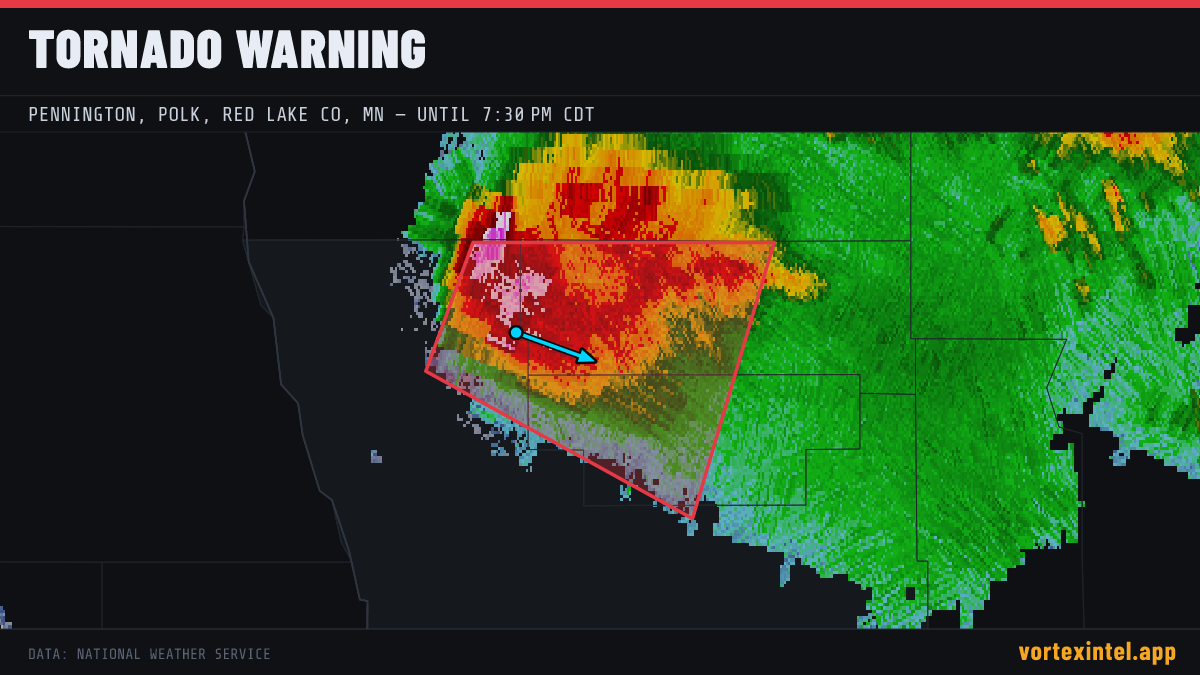 Tornado Warning for Pennington — radar, warned-area polygon and storm motion