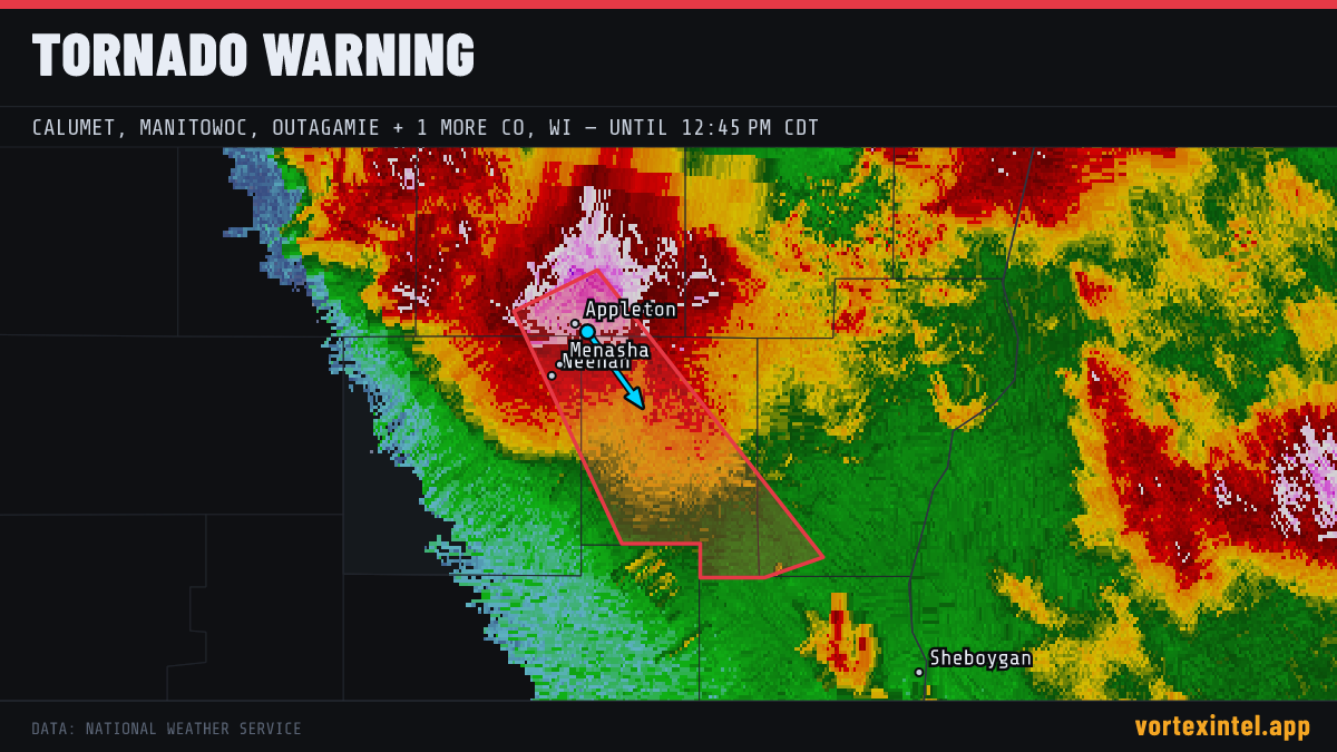 Tornado Warning for Winnebago — radar, warned-area polygon and storm motion