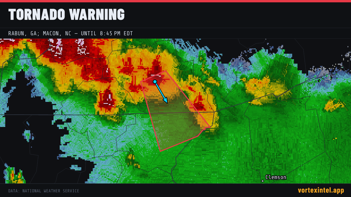 Tornado Warning for Rabun — radar, warned-area polygon and storm motion