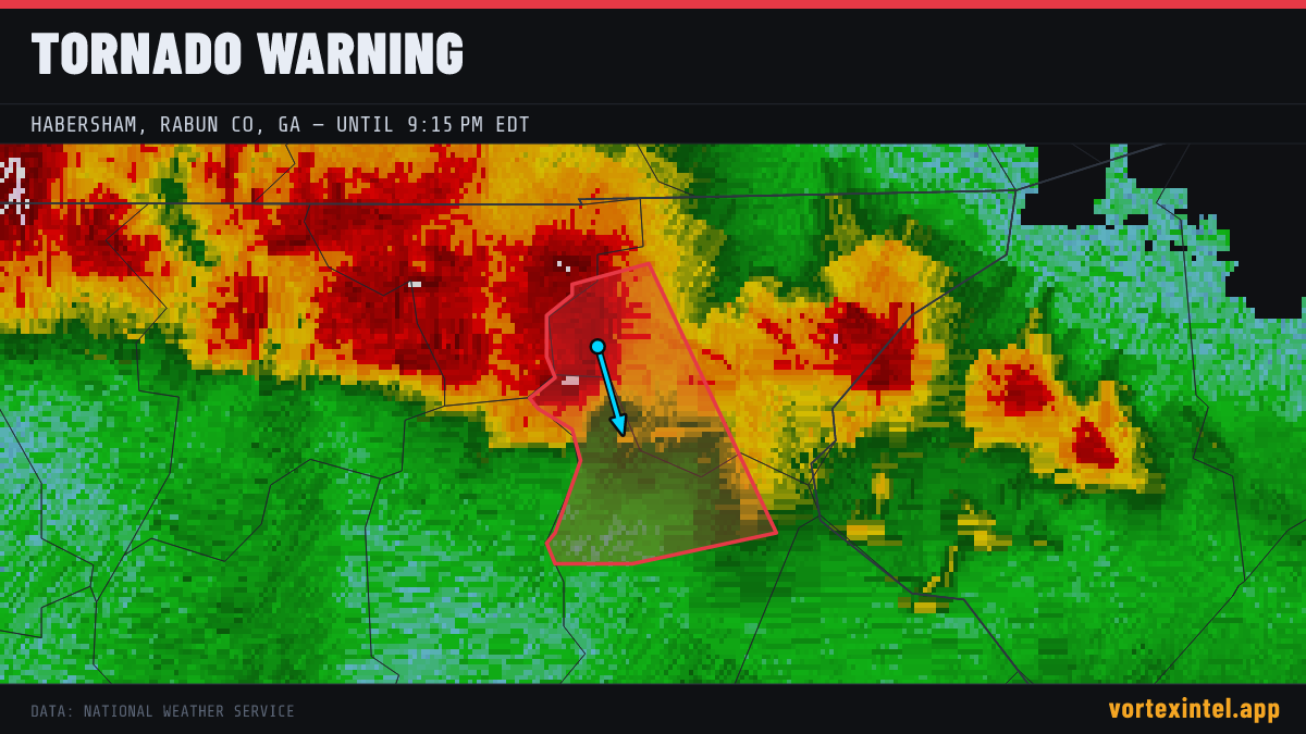 Tornado Warning for Habersham — radar, warned-area polygon and storm motion