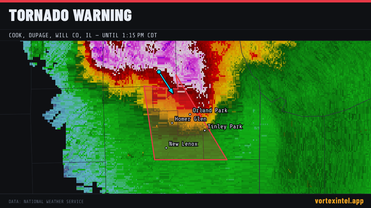Tornado Warning for Cook — radar, warned-area polygon and storm motion