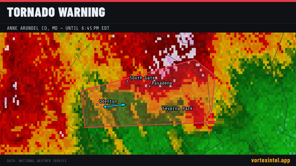 Tornado Warning for Anne Arundel — radar, warned-area polygon and storm motion