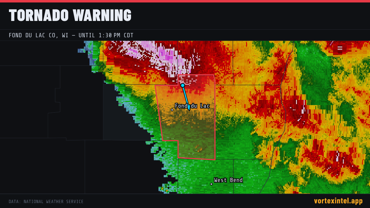 Tornado Warning for Fond du Lac — radar, warned-area polygon and storm motion