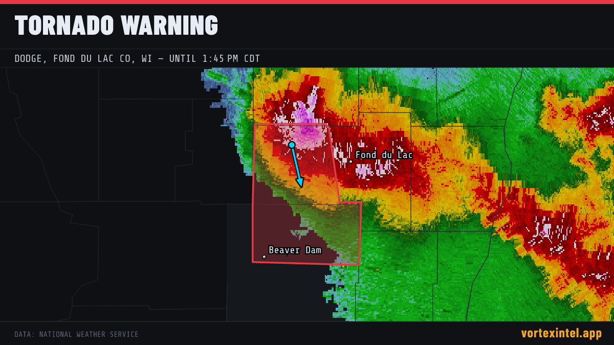 Tornado Warning for Dodge — radar, warned-area polygon and storm motion
