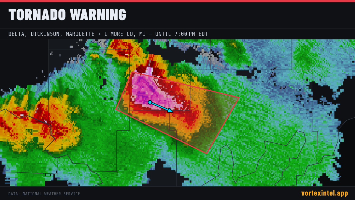Tornado Warning for Delta — radar, warned-area polygon and storm motion