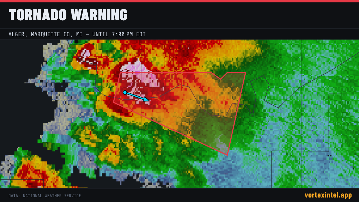 Tornado Warning for Alger — radar, warned-area polygon and storm motion