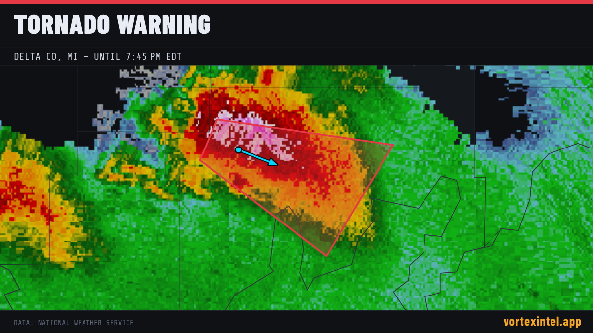 Tornado Warning for Delta — radar, warned-area polygon and storm motion