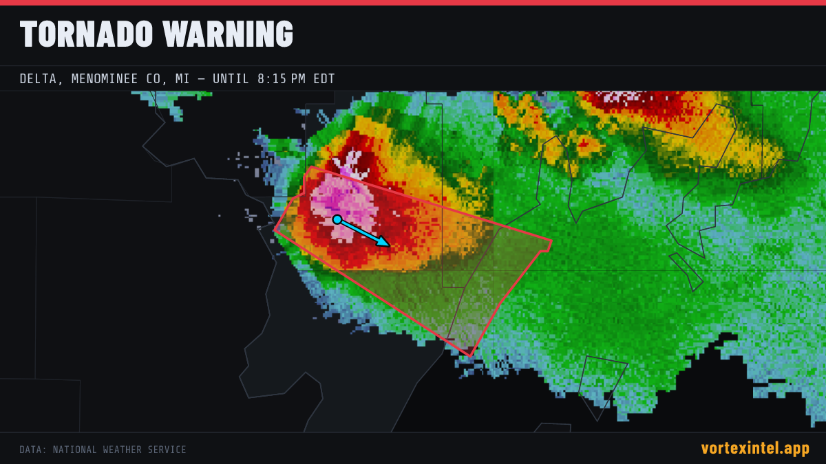 Tornado Warning for Delta — radar, warned-area polygon and storm motion