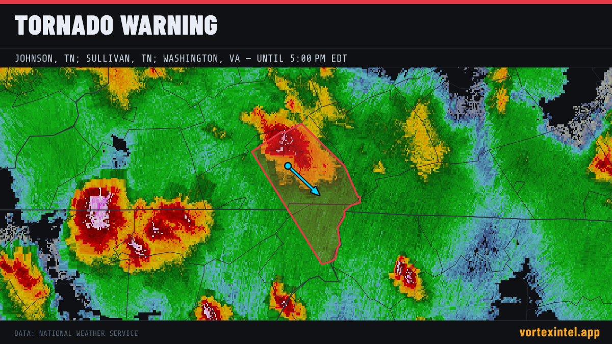 Tornado Warning for Johnson — radar, warned-area polygon and storm motion
