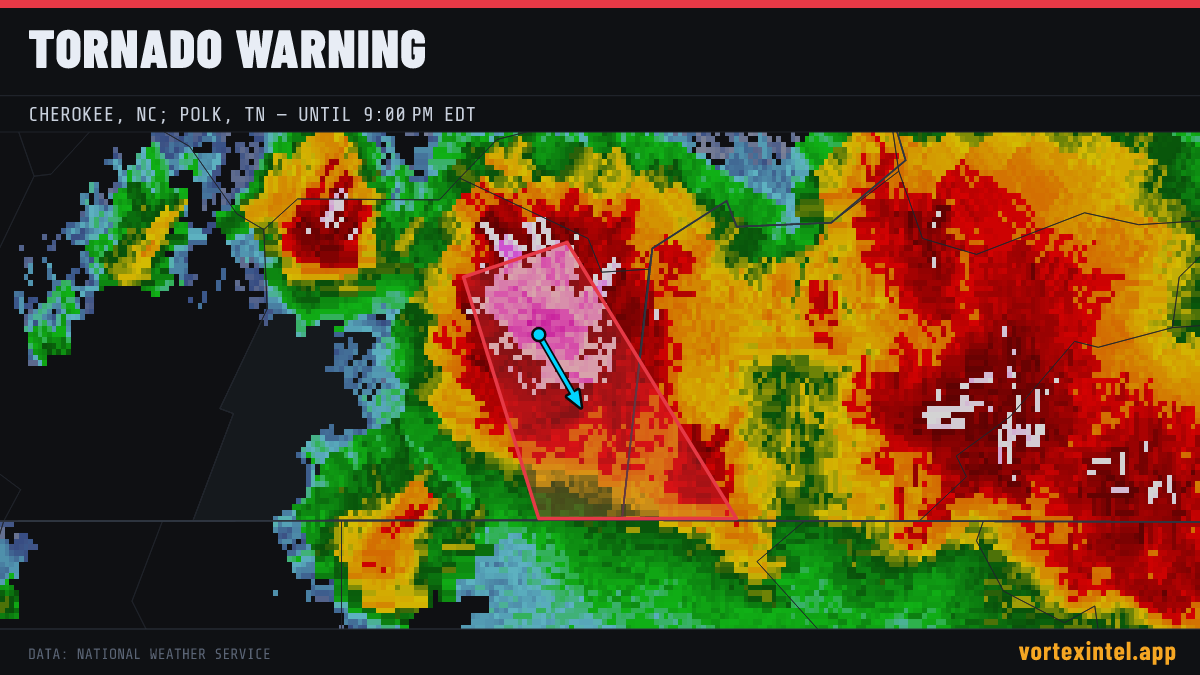 Tornado Warning for Cherokee — radar, warned-area polygon and storm motion