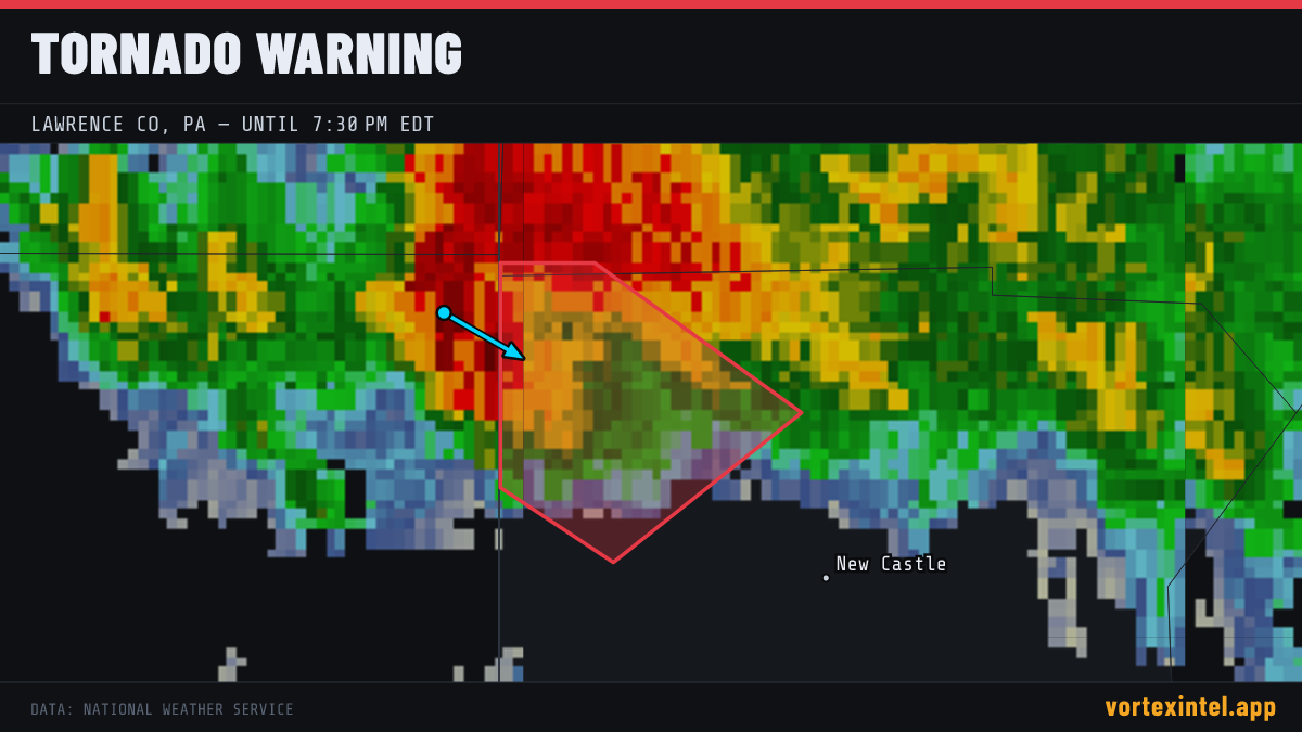 Tornado Warning for Lawrence — radar, warned-area polygon and storm motion