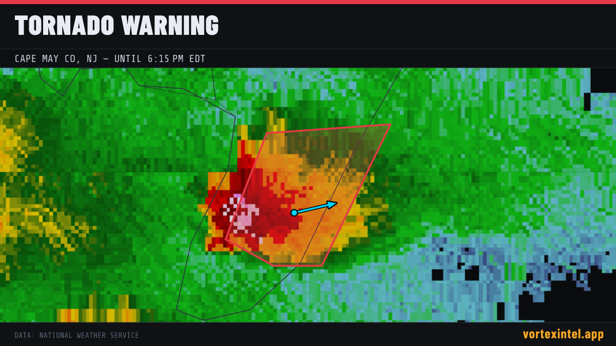 Tornado Warning for Cape May — radar, warned-area polygon and storm motion