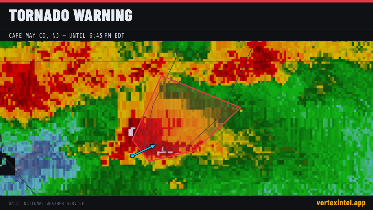 Tornado Warning for Cape May — radar, warned-area polygon and storm motion