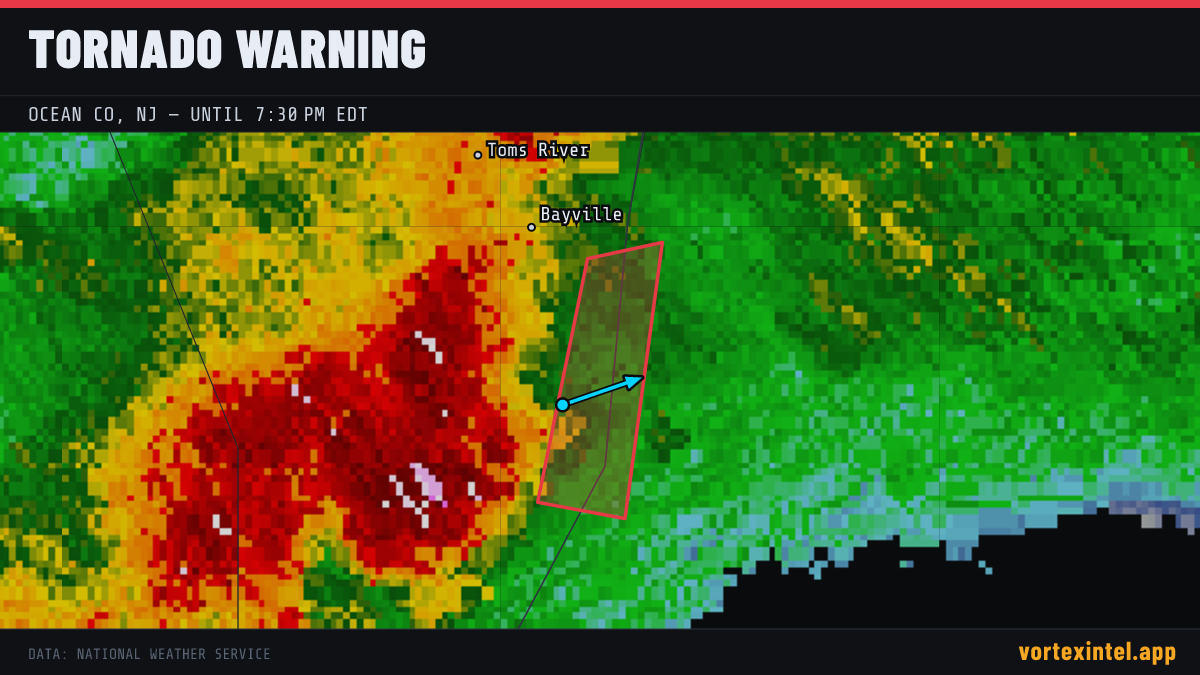Tornado Warning for Ocean — radar, warned-area polygon and storm motion