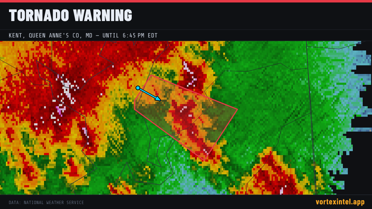 Tornado Warning for Kent — radar, warned-area polygon and storm motion