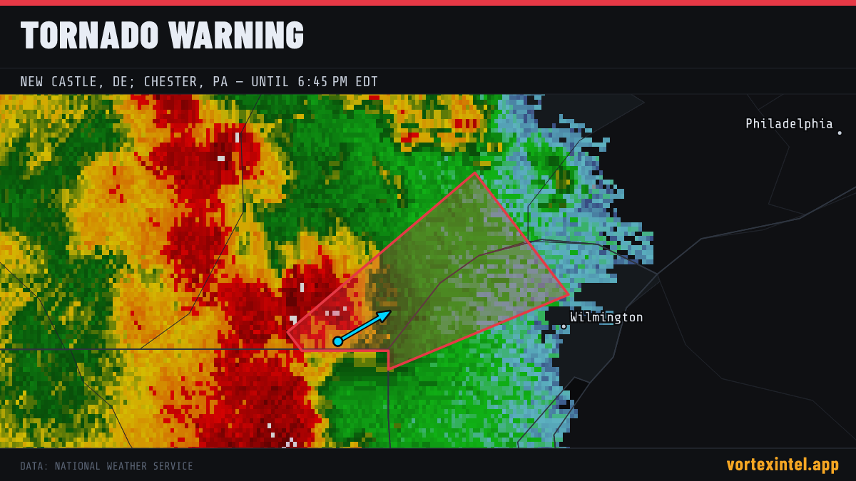 Tornado Warning for New Castle — radar, warned-area polygon and storm motion