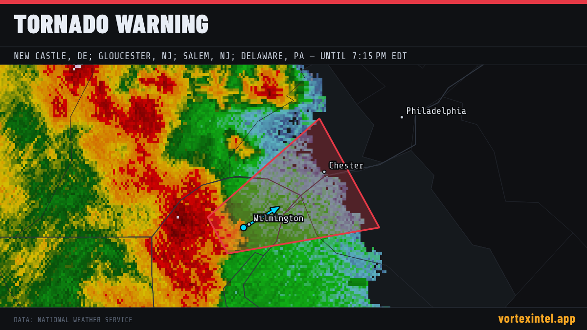 Tornado Warning for New Castle — radar, warned-area polygon and storm motion