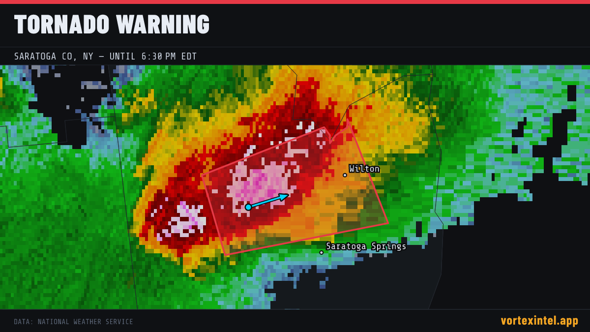 Tornado Warning for Saratoga — radar, warned-area polygon and storm motion
