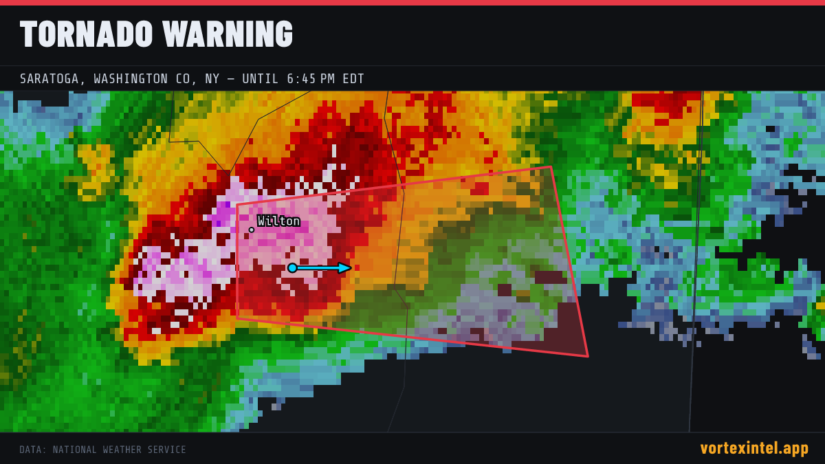Tornado Warning for Saratoga — radar, warned-area polygon and storm motion