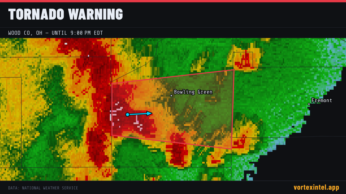 Tornado Warning for Wood — radar, warned-area polygon and storm motion