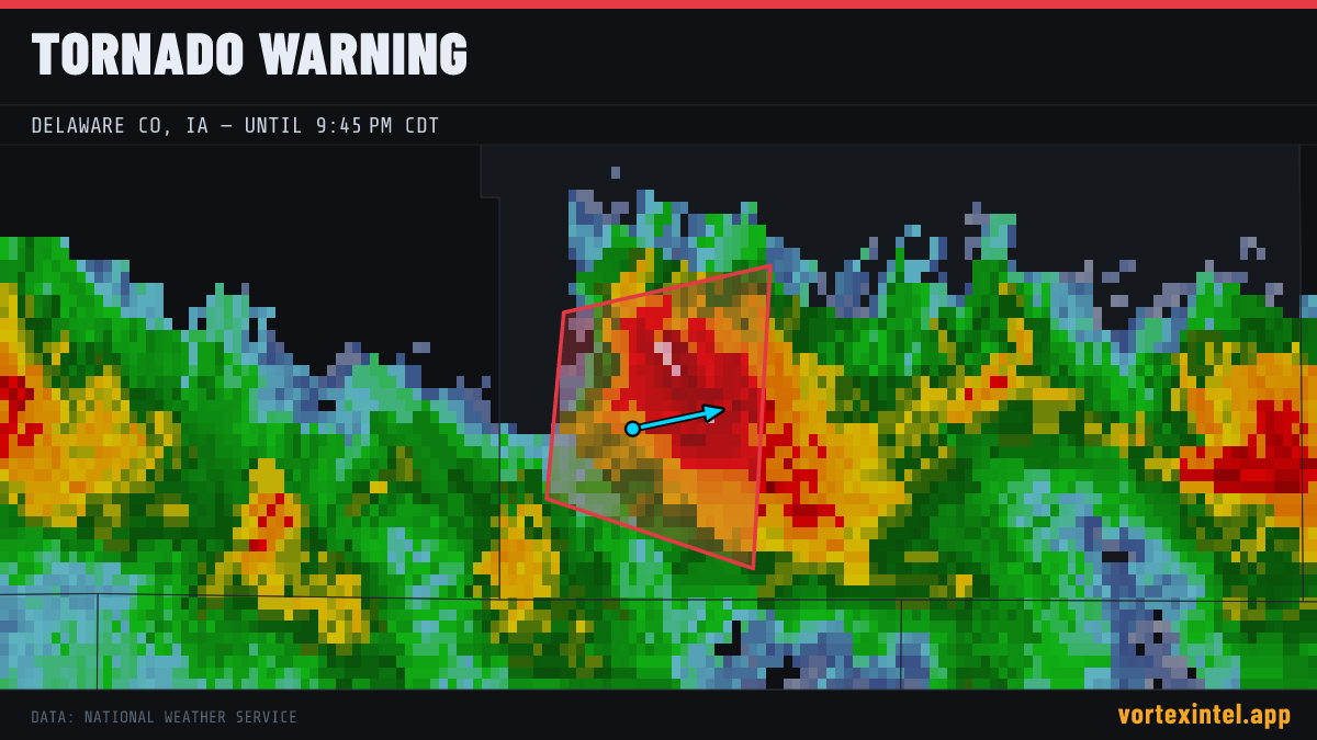 Tornado Warning for Delaware — radar, warned-area polygon and storm motion