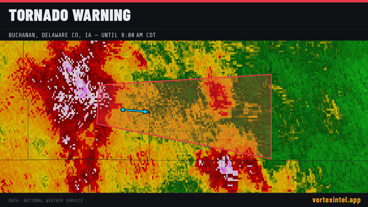Tornado Warning for Delaware — radar, warned-area polygon and storm motion