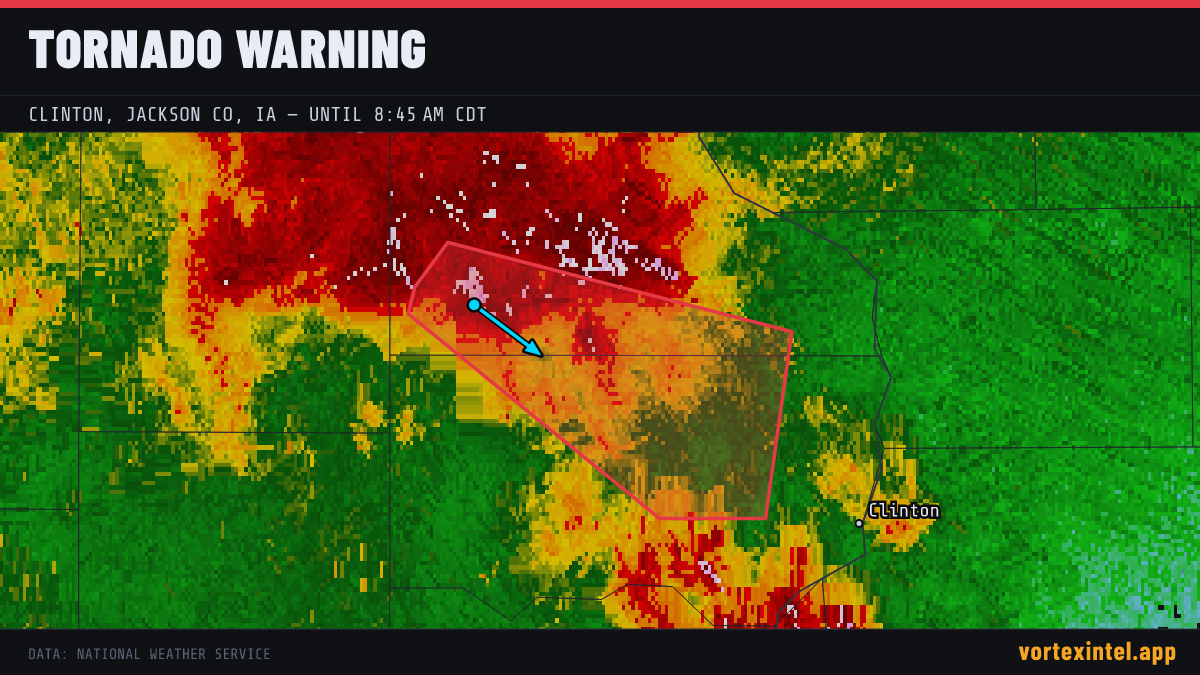 Tornado Warning for Clinton — radar, warned-area polygon and storm motion