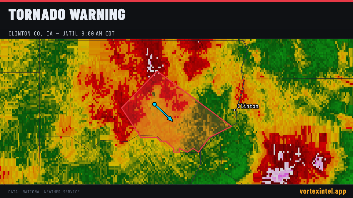 Tornado Warning for Clinton — radar, warned-area polygon and storm motion