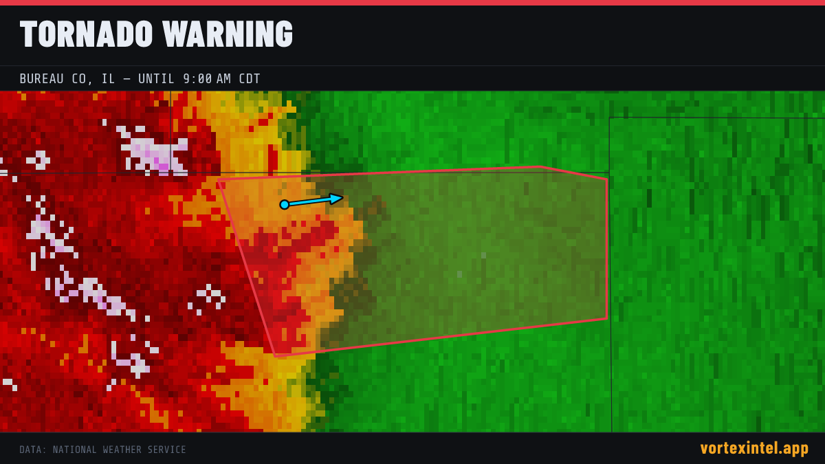 Tornado Warning for Bureau — radar, warned-area polygon and storm motion