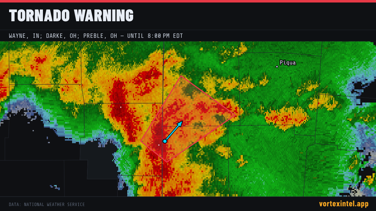 Tornado Warning for Wayne — radar, warned-area polygon and storm motion