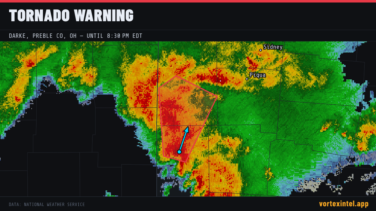 Tornado Warning for Darke — radar, warned-area polygon and storm motion