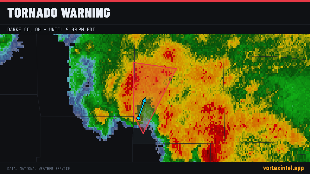 Tornado Warning for Darke — radar, warned-area polygon and storm motion