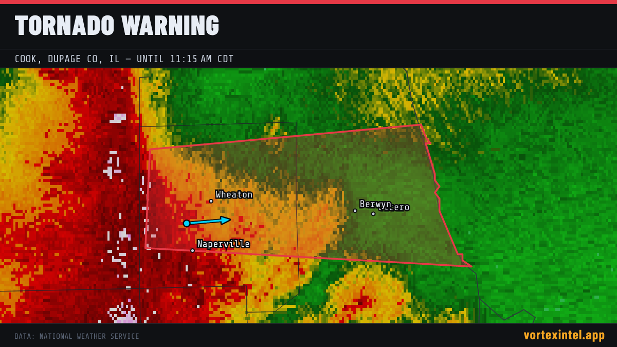 Tornado Warning for Cook — radar, warned-area polygon and storm motion