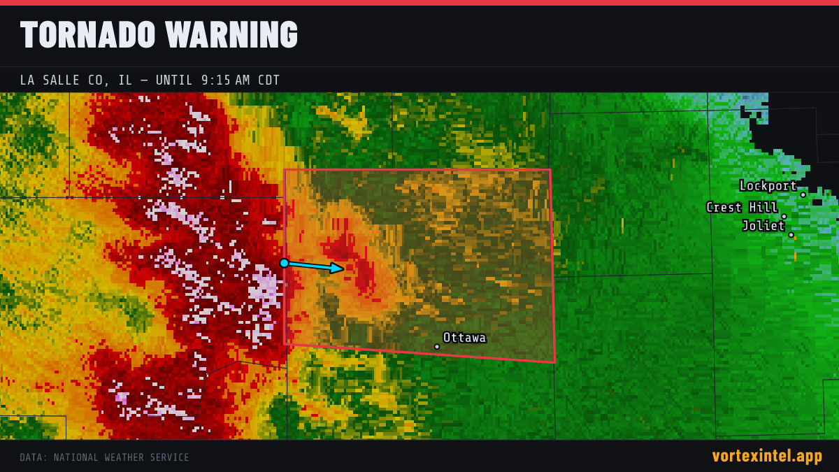 Tornado Warning for La Salle — radar, warned-area polygon and storm motion