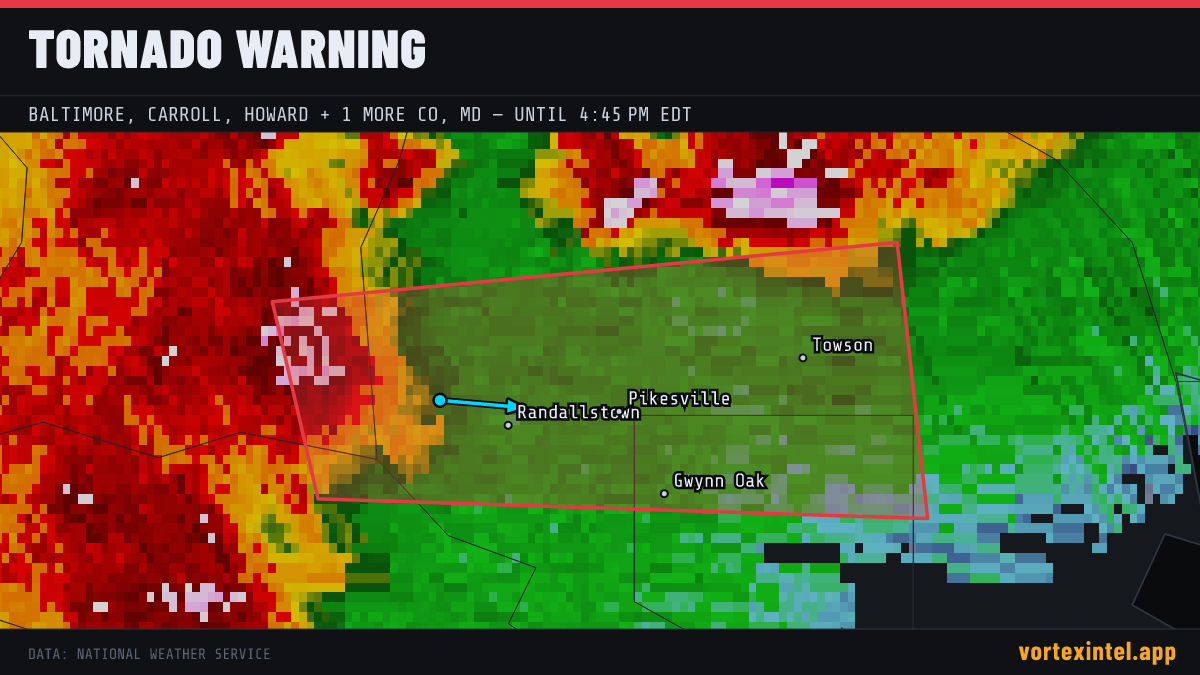 Tornado Warning for Baltimore — radar, warned-area polygon and storm motion