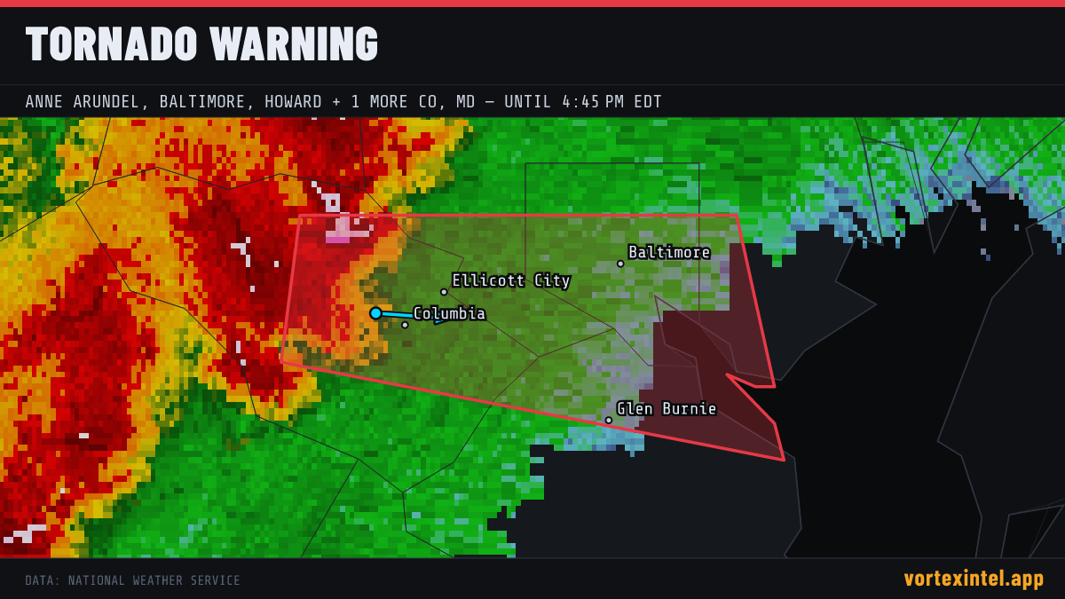 Tornado Warning for Anne Arundel — radar, warned-area polygon and storm motion
