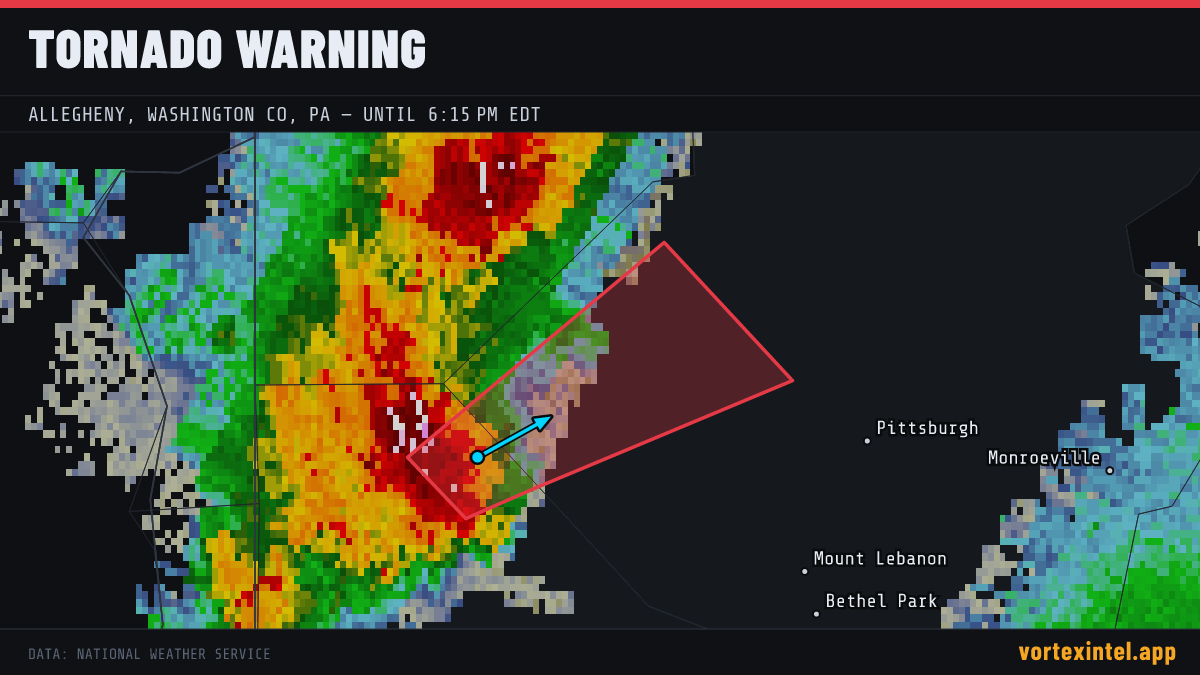 Tornado Warning for Allegheny — radar, warned-area polygon and storm motion