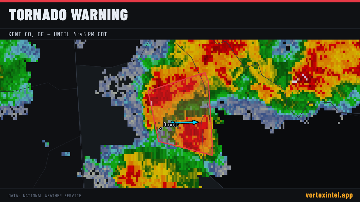 Tornado Warning for Kent — radar, warned-area polygon and storm motion