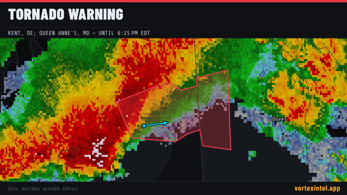 Tornado Warning for Kent — radar, warned-area polygon and storm motion