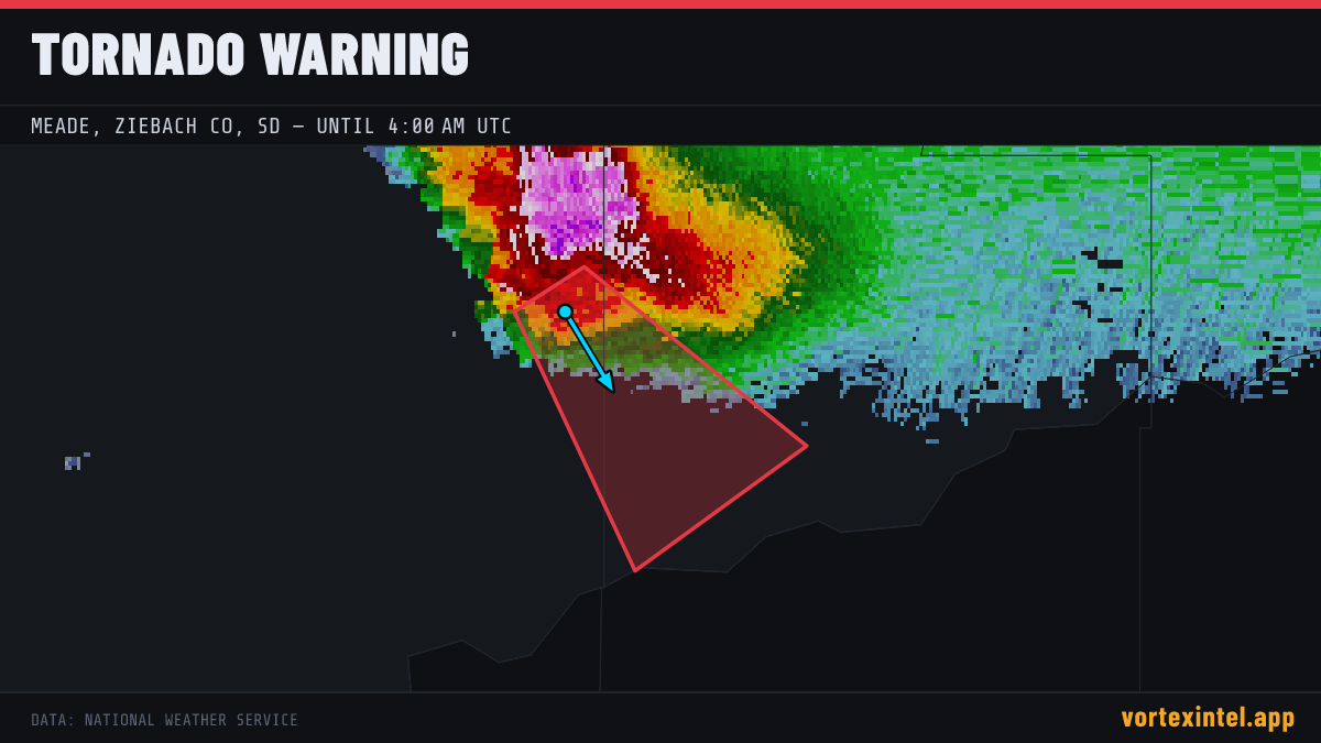 Tornado Warning for Ziebach — radar, warned-area polygon and storm motion