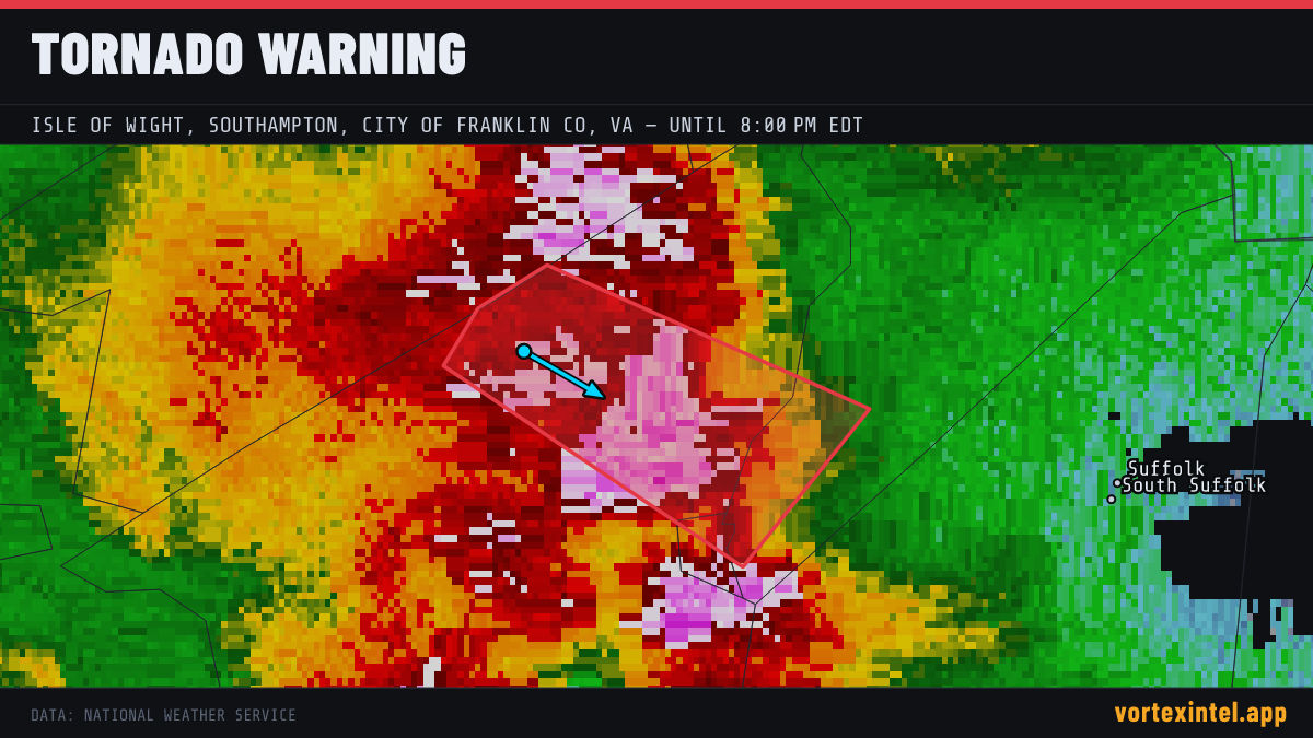 Tornado Warning for Isle of Wight — radar, warned-area polygon and storm motion